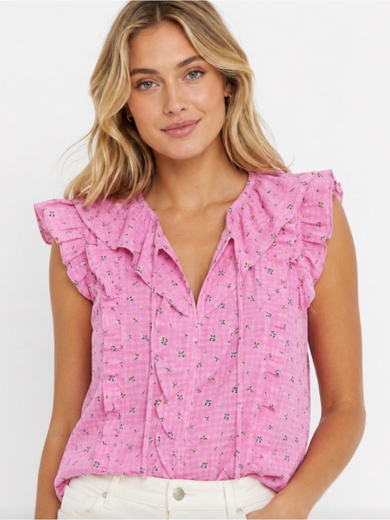 LOFT Tops - LOFT Pink Floral Ruffle Blouse, Size Large *EPIC